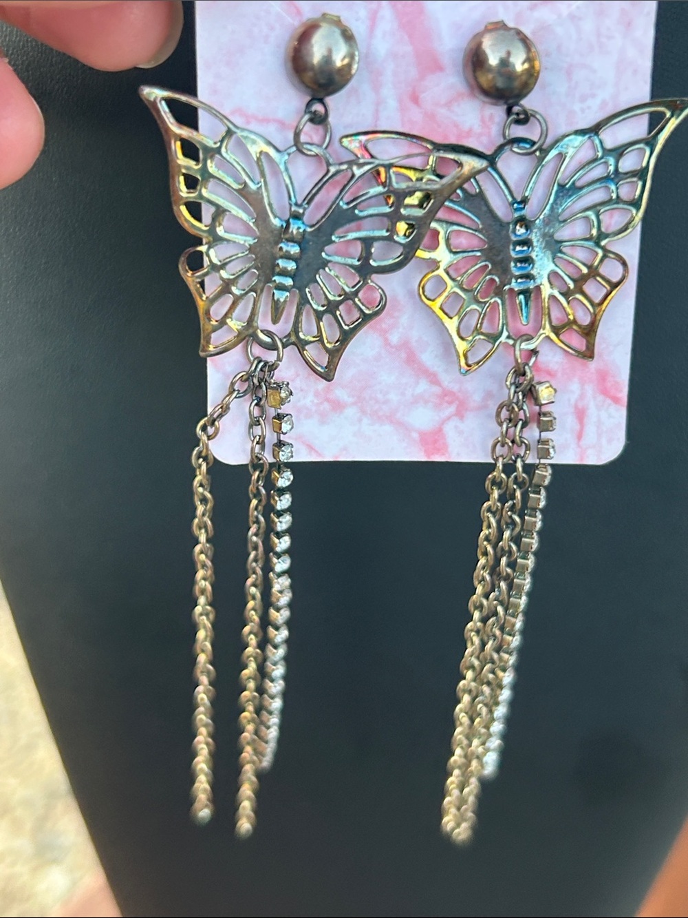 Butterfly Iridescent Drop Chain Statement Earrings - Silver Tone